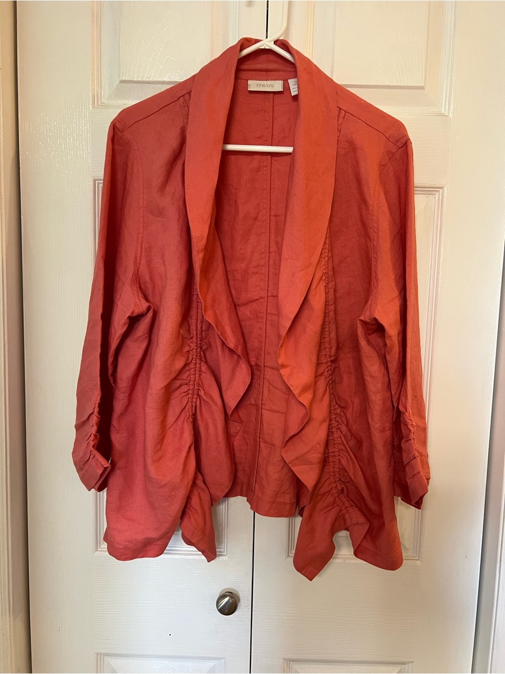 Chicos Women’s Coral Orange Draped Collar Ruched Linen 3/4 Length Cardigan